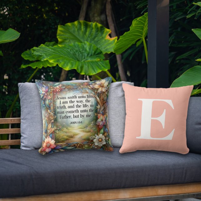 Floral Garden Path Scripture Peach Monogram  Cushion (Creator Uploaded)