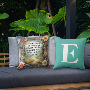 Floral Garden Path Scripture Teal Monogram  Cushion