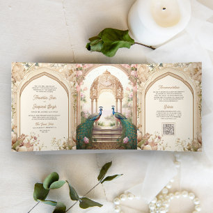 Floral Garden Peacocks Indian Palace Wedding Tri-Fold Invitation