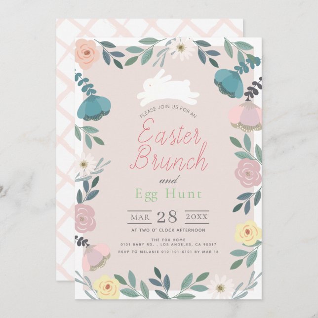 Floral Garden Pink Bunny Easter Brunch & Egg Hunt Invitation (Front/Back)