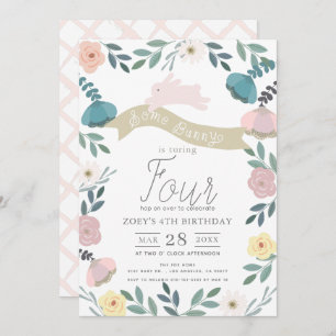 Floral Garden Pink Bunny Girl Birthday Invitation