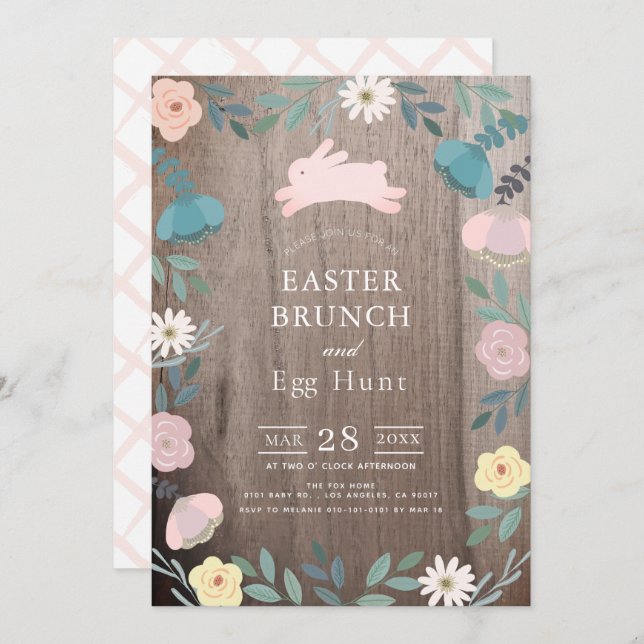 Floral Garden Pink Bunny Wood Easter Brunch Invitation (Front/Back)