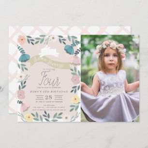 Floral Garden Pink White Bunny Girl Photo Birthday Invitation