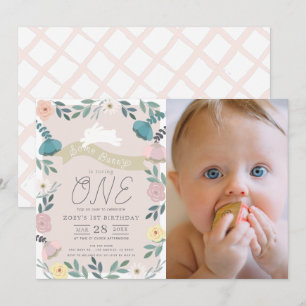 Floral Garden Pink White Bunny Photo 1st Birthday Invitation