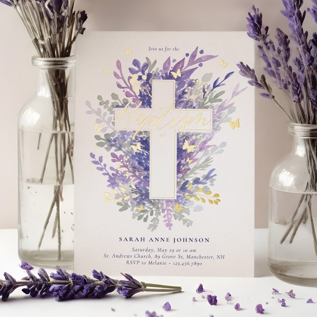 Floral Garden Purple Foliage Cross Baby Baptism (Floral Garden Purple Foliage Cross Baby Baptism Foil Invitation)