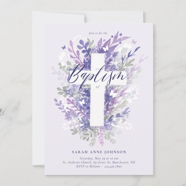 Floral Garden Purple Foliage Cross Baby Baptism Invitation (Front)