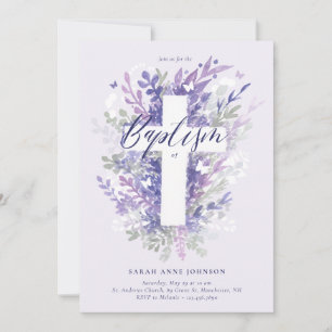 Floral Garden Purple Foliage Cross Baby Baptism Invitation