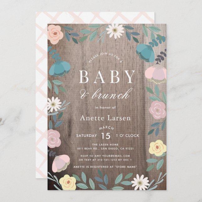Floral Garden Rustic Wood Girl Brunch Baby Shower Invitation (Front/Back)