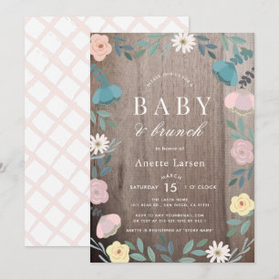 Floral Garden Rustic Wood Girl Brunch Baby Shower Invitation