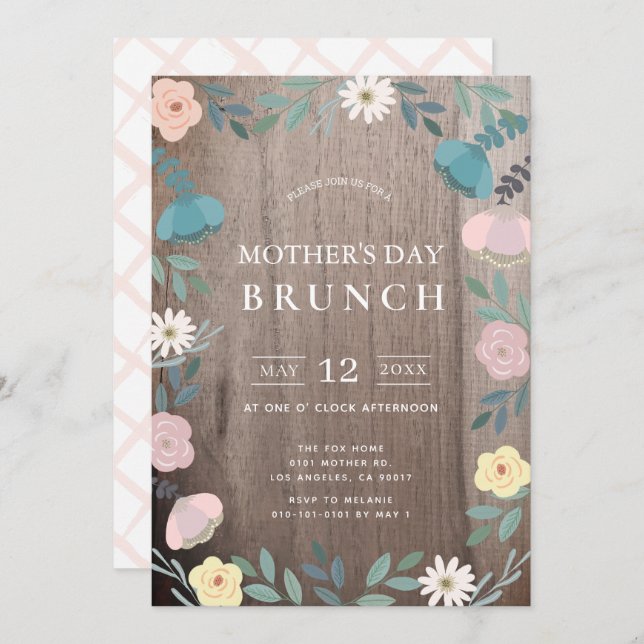 Floral Garden Rustic Wood Mother's Day Brunch Invitation (Front/Back)