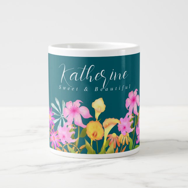 Floral Garden Teal  Large Coffee Mug (Front)