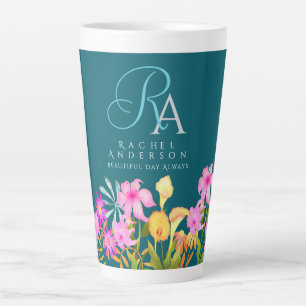 Floral Garden Teal  Monogram Latte Mug