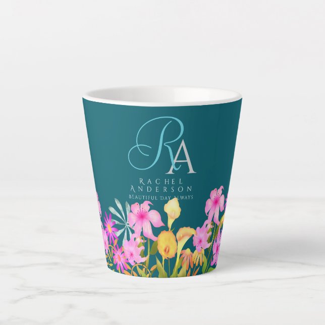 Floral Garden Teal  Monogram Latte Mug (Front)