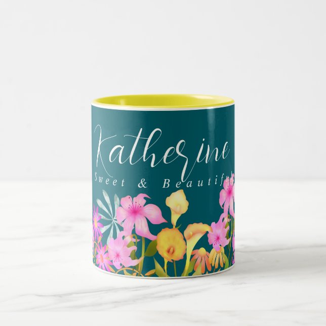Floral Garden Teal  Two-Tone Coffee Mug (Center)