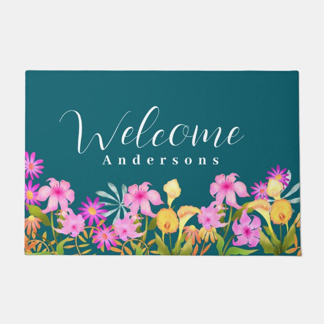 Floral Garden Teal Welcome Doormat (Front)