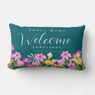 Floral Garden Teal Welcome Throw Pillow