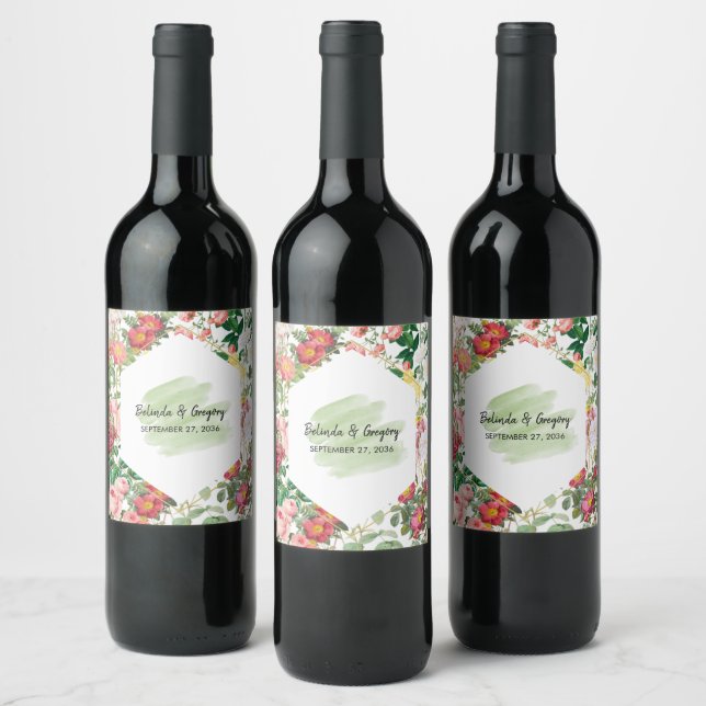 Floral Garden, Watercolor & Geometric Wedding  Wine Label (Bottles)