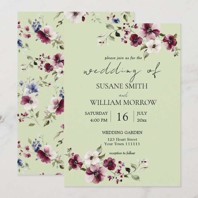 Floral Garden Wedding Elegant Green Invitation (Front/Back)