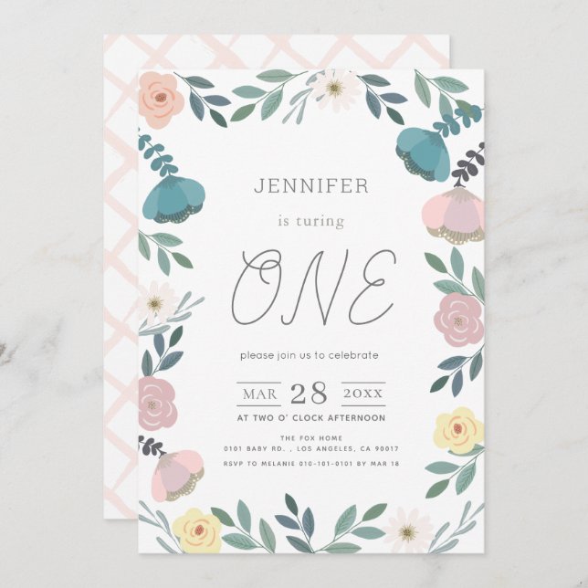 Floral Garden White GIrl 1st Birthday Invitation (Front/Back)