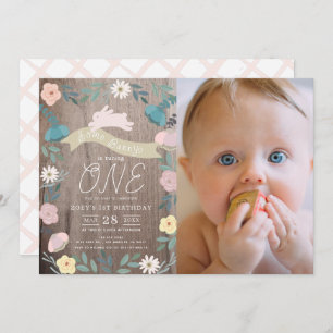 Floral Garden Wood Bunny Girl Photo 1st Birthday Invitation