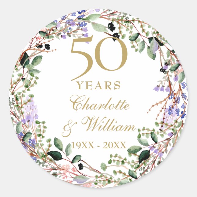 Floral Garland 50th Wedding Anniversary  Classic Round Sticker (Front)