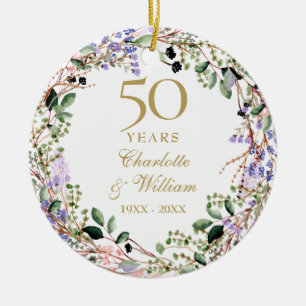 Floral Garland 50th Wedding Anniversary Photo Ceramic Ornament