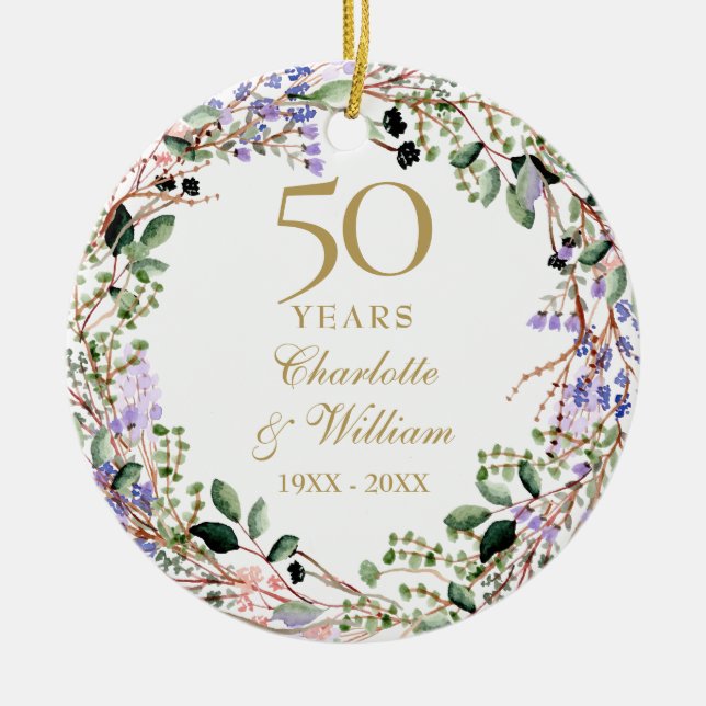 Floral Garland 50th Wedding Anniversary Photo Ceramic Ornament (Front)