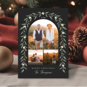 Floral Garland Arched 3 Photo Black Christmas Card