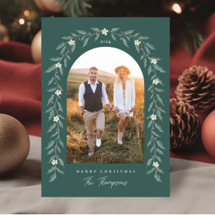 Floral Garland Arched Photo Green Christmas Card