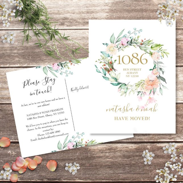 Floral Garland Gold New Address We've Moved Home  Announcement Postcard (Floral Garland Gold New Address We've Moved Home Announcement Postcard)