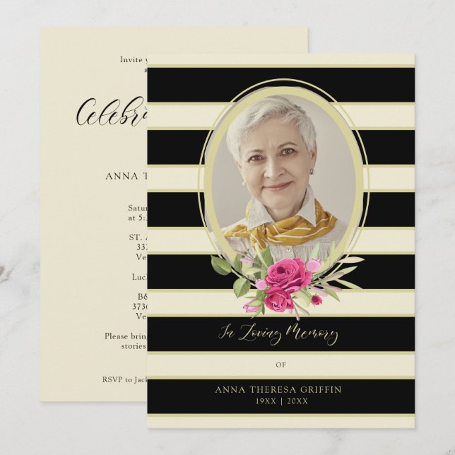 Floral Garland Memorial Loved Ones Golden & Black Invitation (Front/Back)