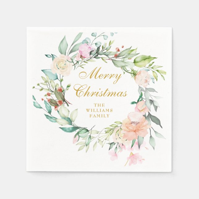 Floral Garland Merry Christmas Holiday Party Napkin (Front)