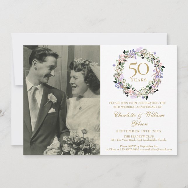 Floral Garland Photo 50th Wedding Anniversary Invitation (Front)