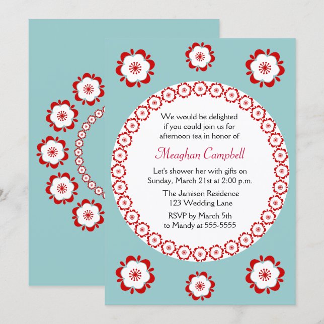 Floral Garland Teal Red Bridal Shower Invitation (Front/Back)