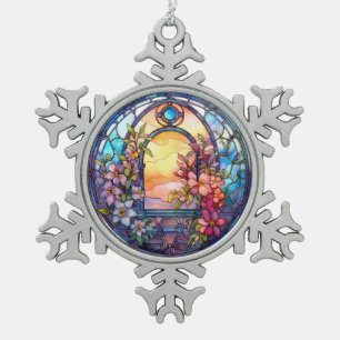 Floral Garland with Sunset Stained-Glass Look Snowflake Pewter Christmas Ornament