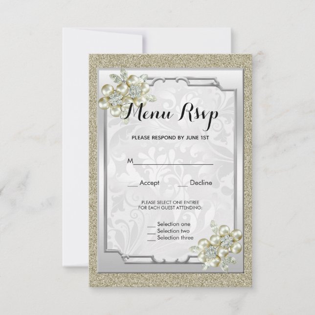 Floral Gem Framed, Gold & Silver Wedding Menu RSVP (Front)