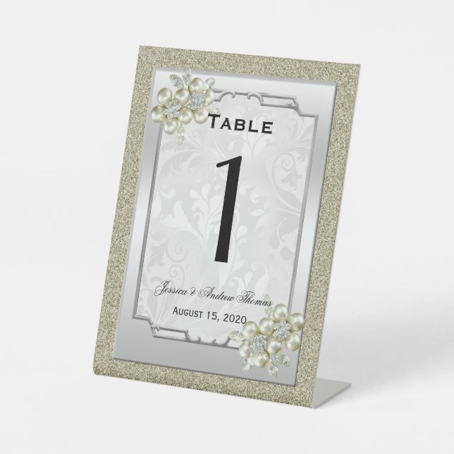 Floral Gem Silver Framed, Gold & Silver Wedding Pedestal Sign (Front)