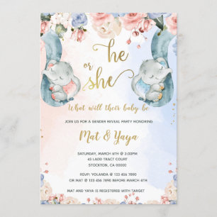 Floral Gender Reveal Elephant Baby Shower Invitation