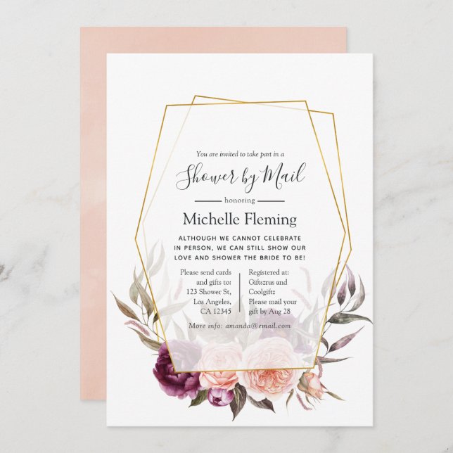 Floral Geometric Baby or Bridal Shower by Mail Invitation (Front/Back)