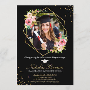 Floral Geometric Black and Gold Graduation Photo Invitation