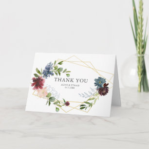 Floral Geometric Blue Burgundy Wedding Thank You