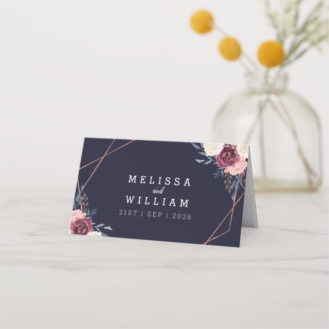 Floral Geometric Burgundy Blush Navy Wedding Place Card (Back)