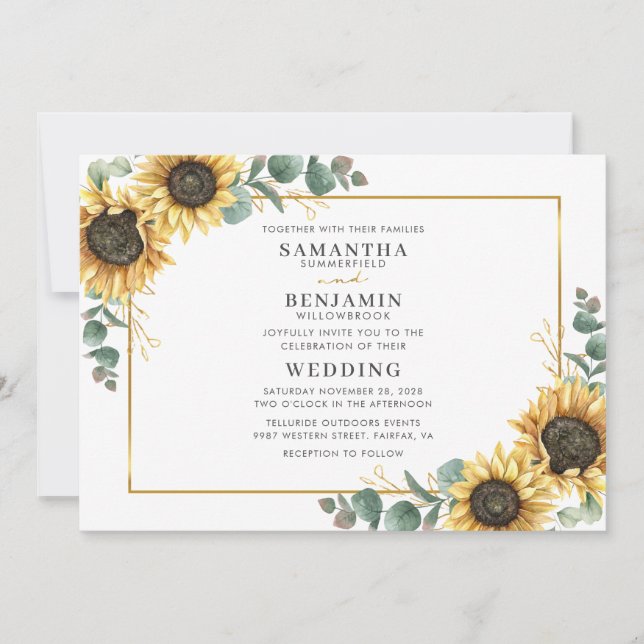 Floral Geometric Eucalyptus Sunflower Wedding Invitation (Front)