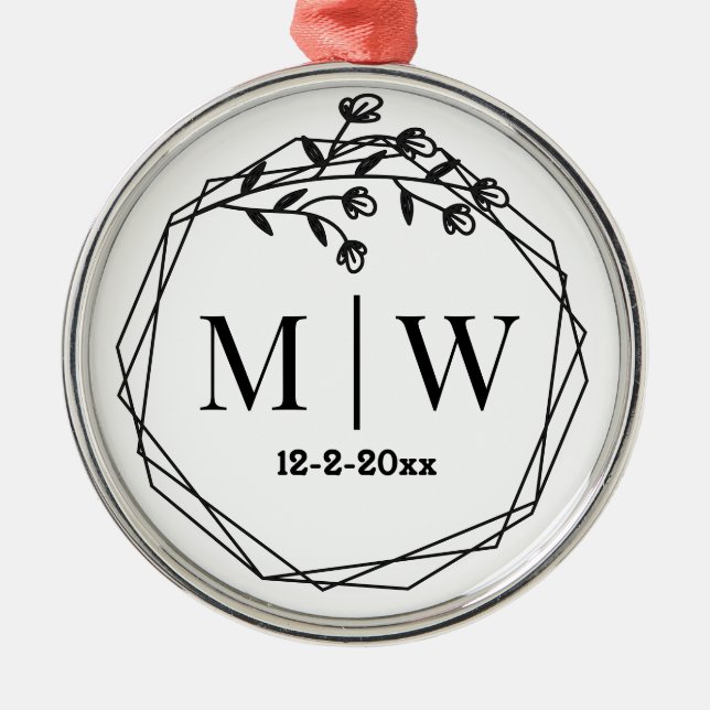 Floral Geometric Frm Couple Wedding 2 Initial Date Metal Ornament (Front)