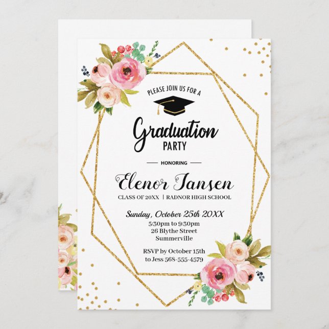 Floral Geometric Gold Glitter Graduation Party Invitation (Front/Back)