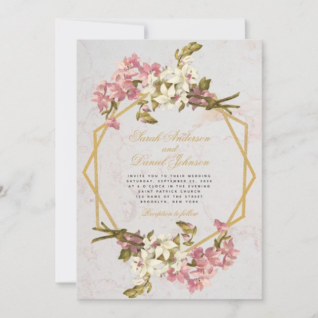 Floral Geometric Marble Gold Pink Orchids Wedding Invitation (Front)