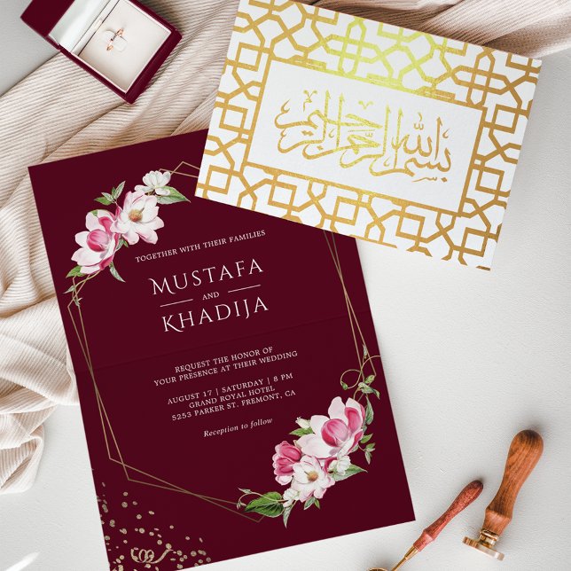 Floral Geometric Maroon Islamic Wedding Invitation (Creator Uploaded)