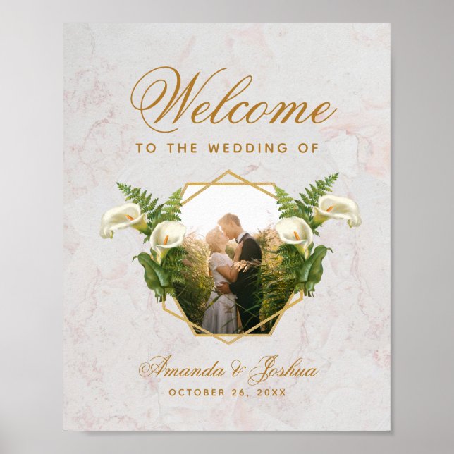 Floral Geometric Photo Calla Lilies Wedding Sign (Front)