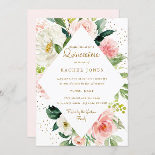 Floral Geometric Pink Blush Gold Quinceanera Invitation