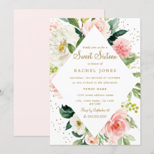 Floral Geometric Pink Blush Gold Sweet Sixteen Invitation